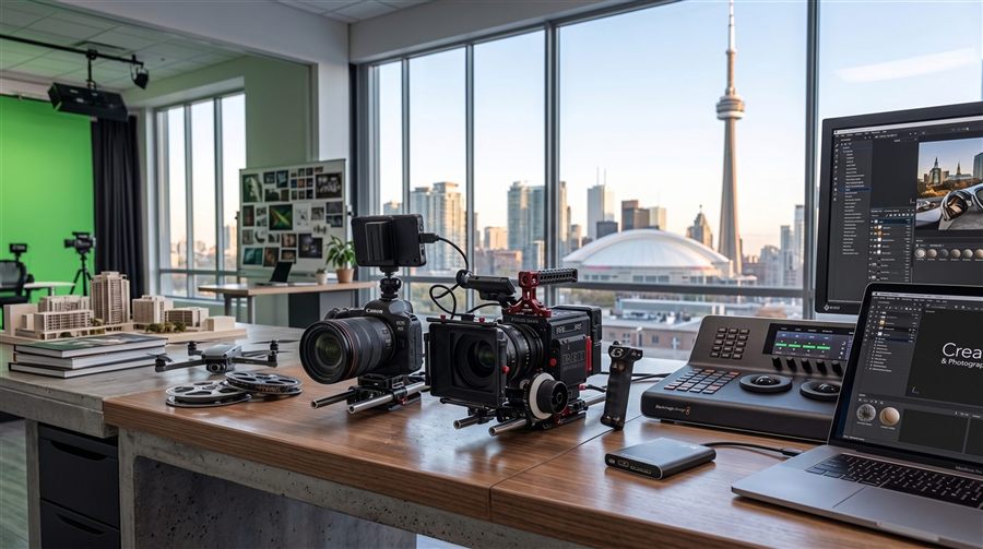 Creative photography and video production workspace in Toronto