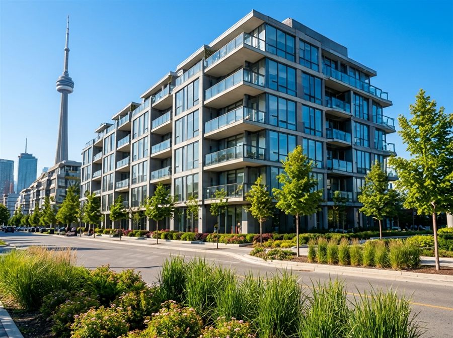 Modern Toronto condominium building and landscaped streetscape